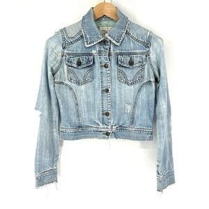 Roxy Crop Jean Jacket Womens Size M Blue‎ Cotton Denim Distressed Light Vtg Wash